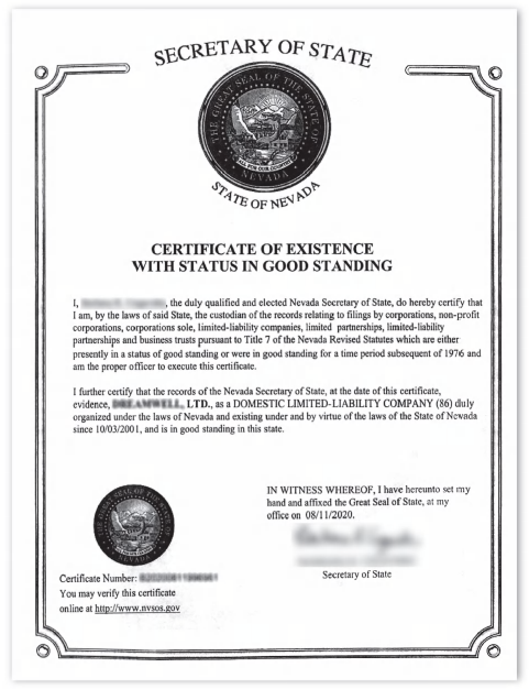 内华达州主体资格证明文件