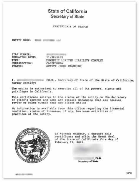 加州主体资格证明文件