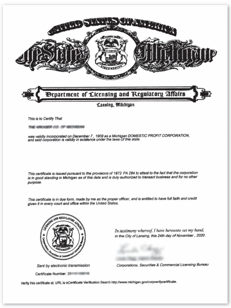 密歇根州主体资格证明文件
