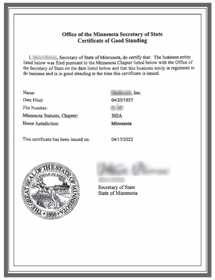 明尼苏达州主体资格证明文件