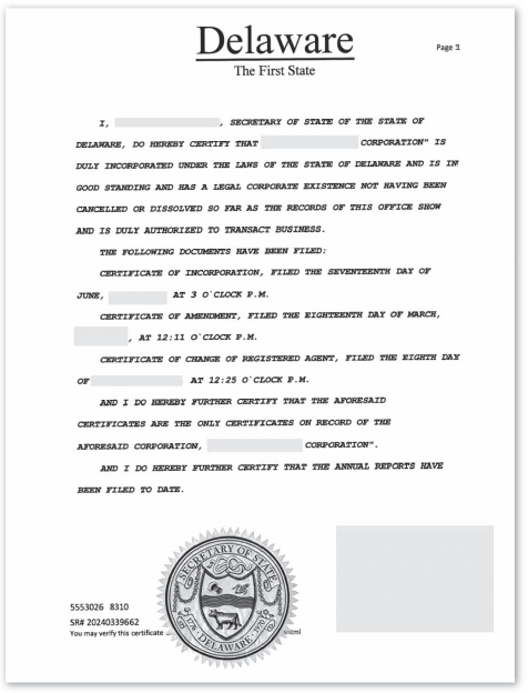特拉华州主体资格证明文件