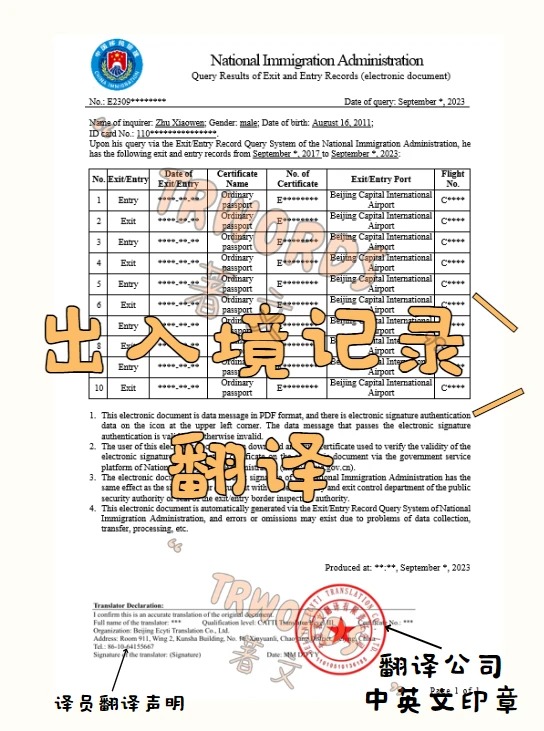 出入境记录翻译
